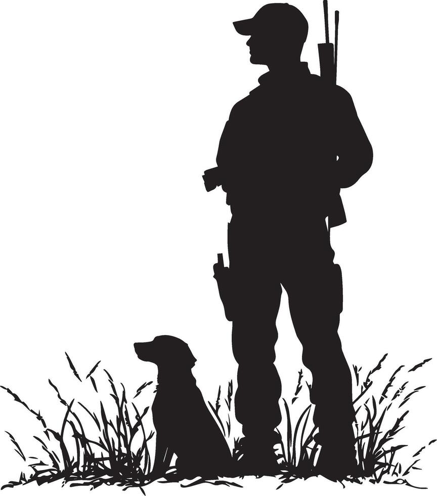 An individual in a relaxed stance, accompanied by a dog sitting attentively at their side. Full-length silhouette black illustration. vector