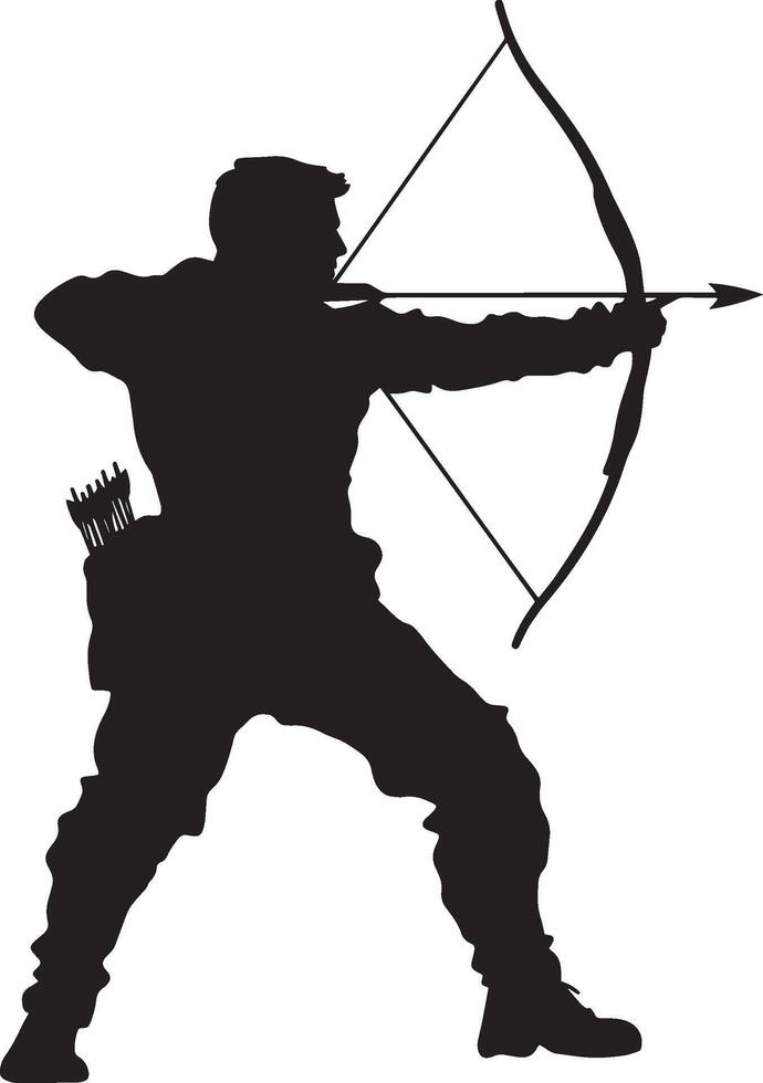 A hunter pulling back an arrow, ready to shoot. full length silhouette black illustration vector