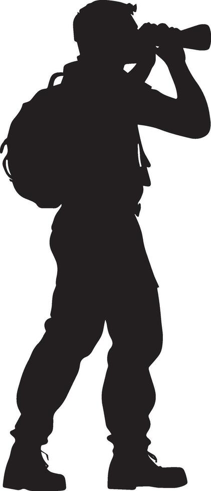 A hunter scanning the area with binoculars. full length silhouette black illustration vector