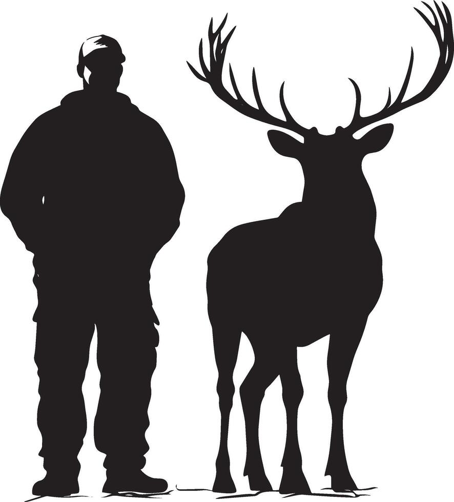 A person standing beside a large hunted animal. full length silhouette black illustration vector