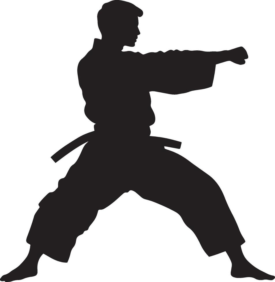 A martial artist with both arms crossed in an X formation, ready to intercept an incoming attack. Full-length silhouette black illustration. vector