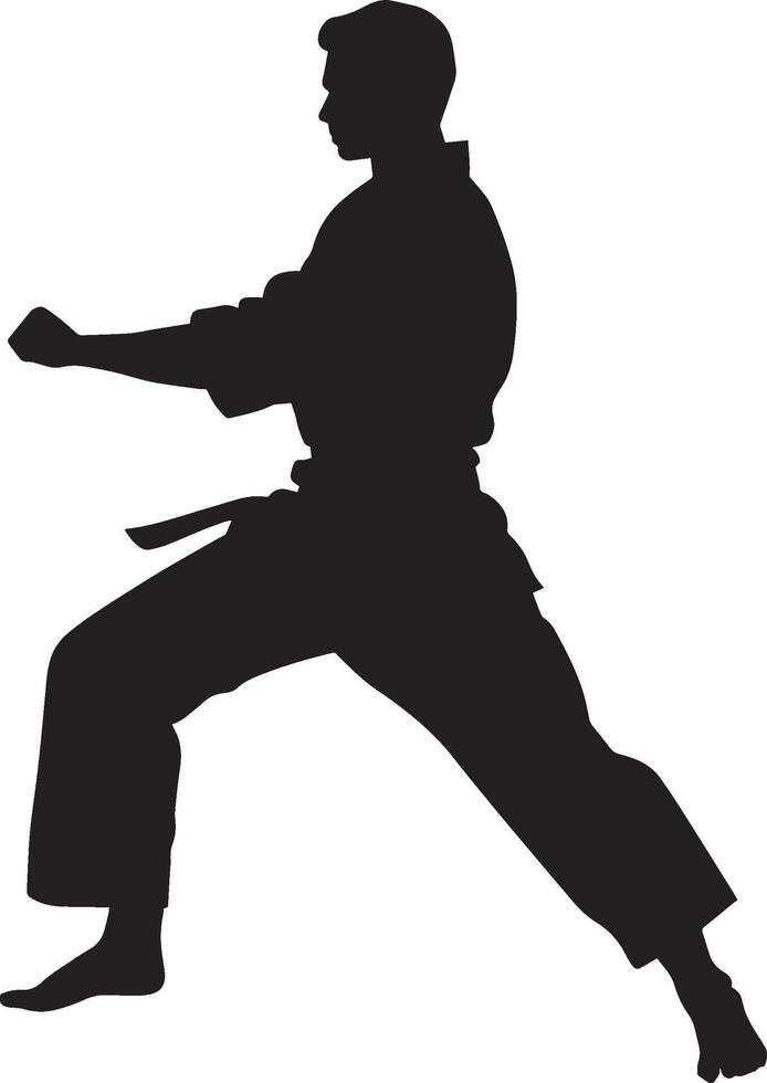 A strong kick with the foot pushed sideways, arms guarding. full length silhouette black illustration vector