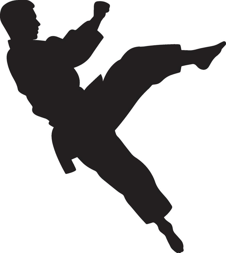 A martial artist mid-air, one leg extended for a powerful kick. full length silhouette black illustration vector
