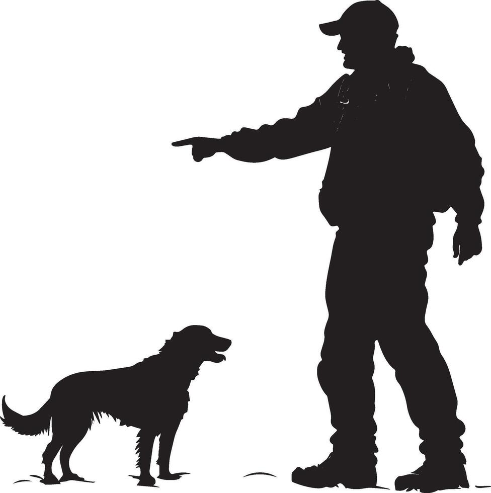 A hunter pointing forward, signaling the dog to track down the prey. Full-length silhouette black illustration. vector