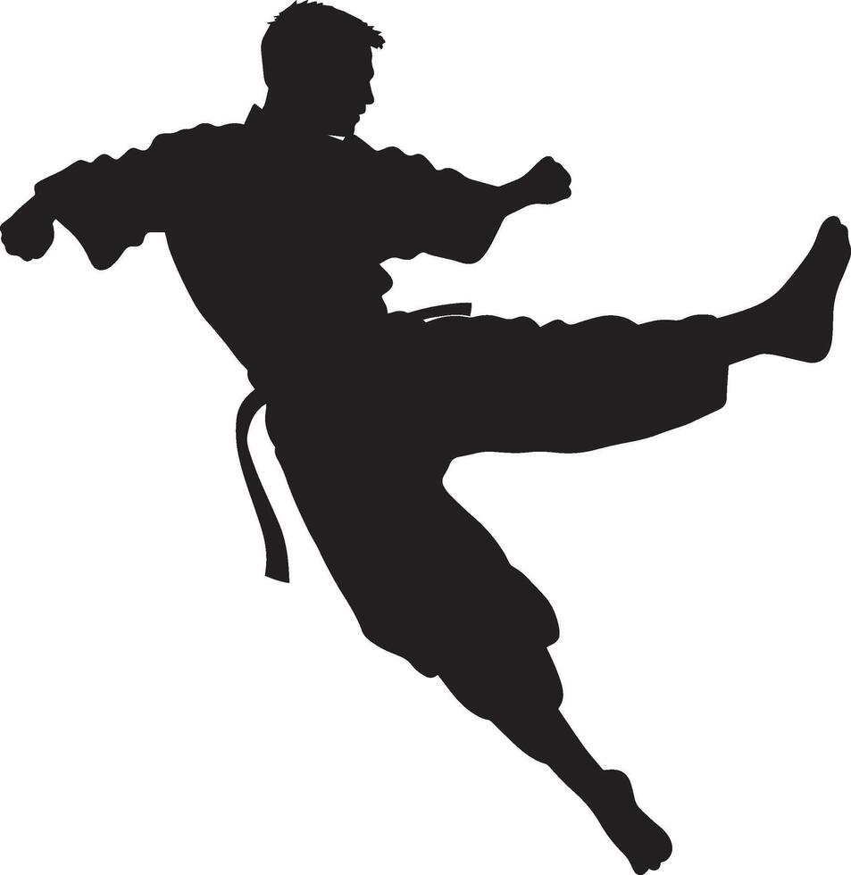 A martial artist soaring through the air, one leg extended to deliver a powerful kick. Full-length silhouette black illustration. vector