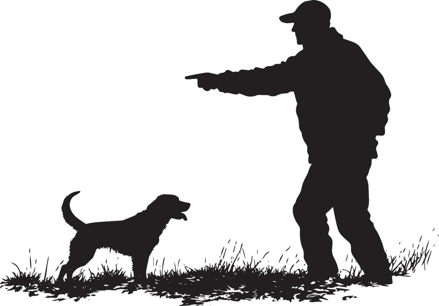 An individual directing their dog with a pointed hand, ready for it to pursue the prey. Full-length silhouette black illustration. vector