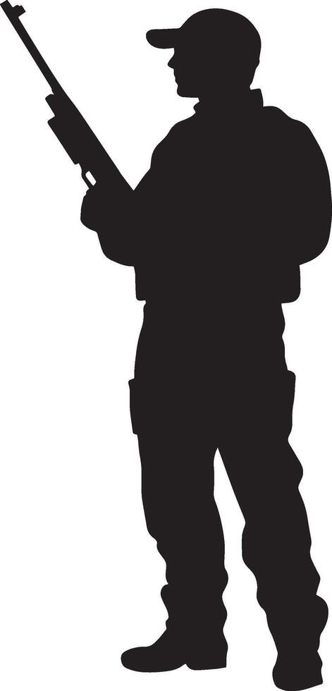 A person standing upright, holding a rifle across the chest. full length silhouette black illustration vector