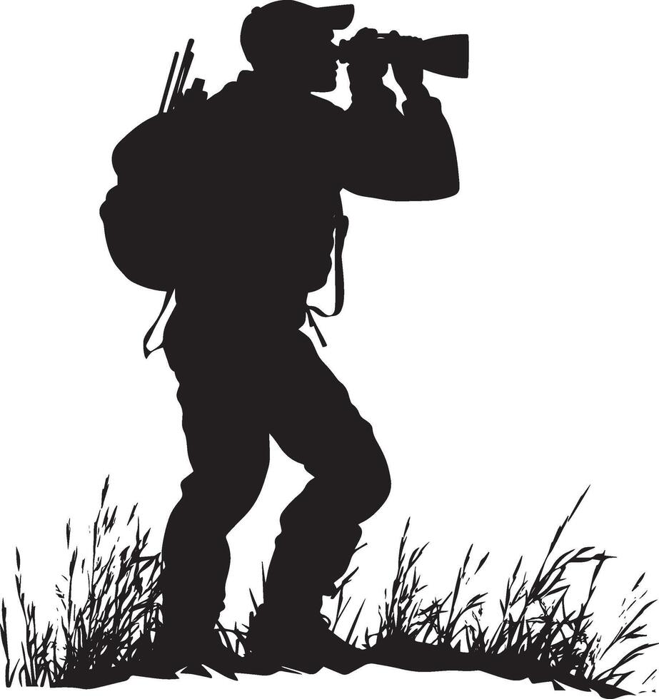 A hunter scanning the surroundings intently with a pair of binoculars. Full-length silhouette black illustration. vector
