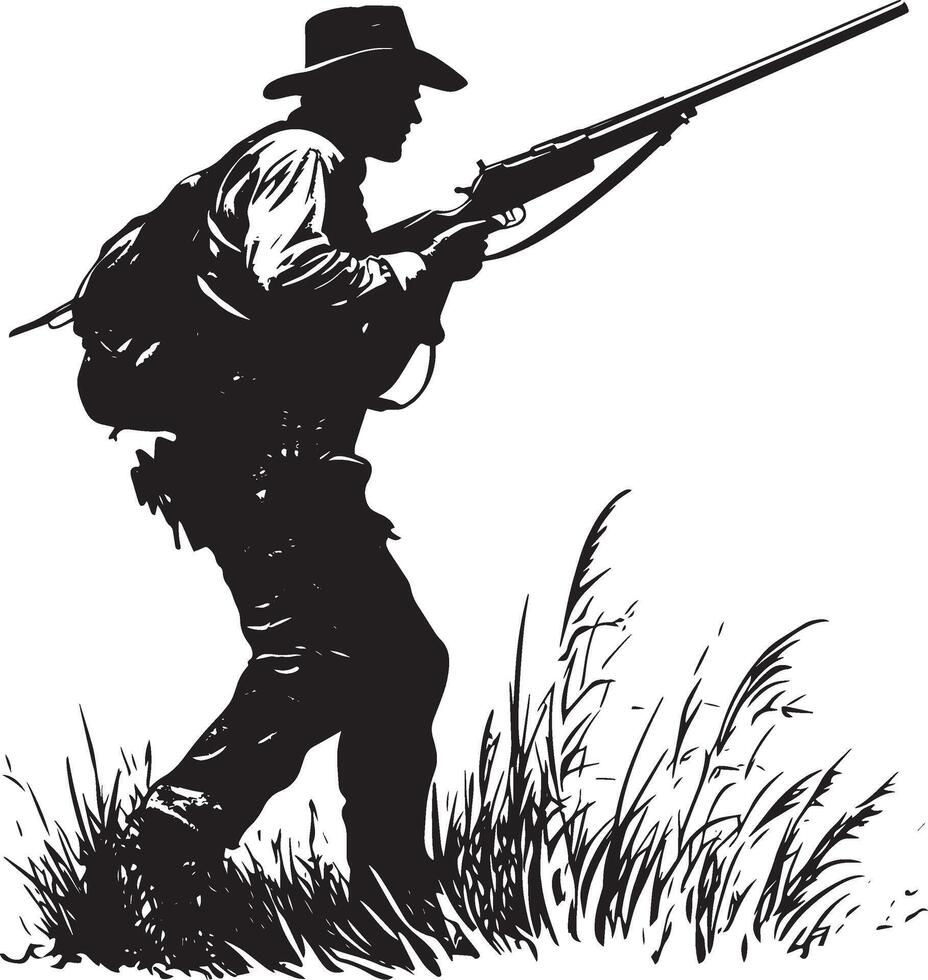 A hunter cautiously stepping forward, rifle raised. full length silhouette black illustration vector