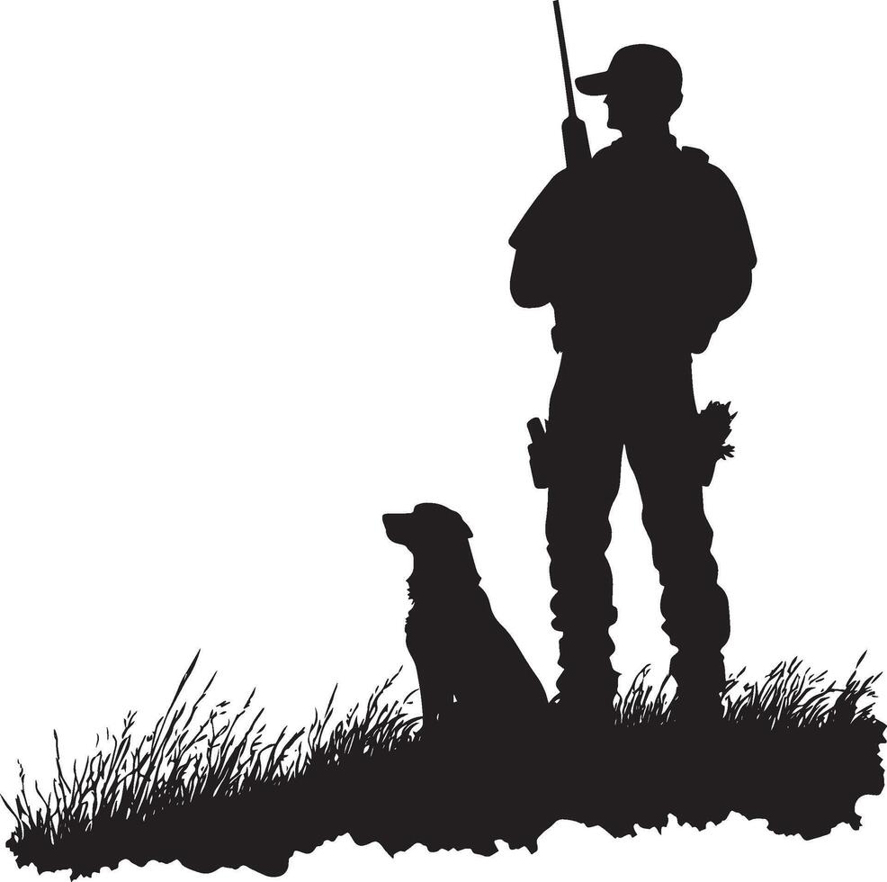 A hunter standing tall with a dog sitting patiently beside them. Full-length silhouette black illustration. vector