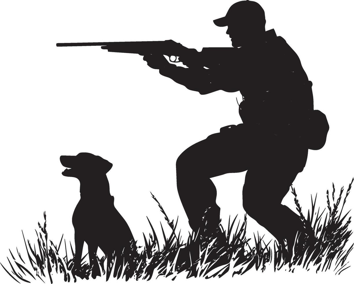 An individual aiming carefully as their dog crouches low, ready to spring into action. Full-length silhouette black illustration. vector