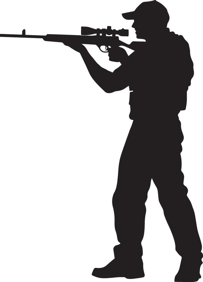An individual in a stable position, focusing on the target while aiming a rifle forward. Full-length silhouette black illustration. vector