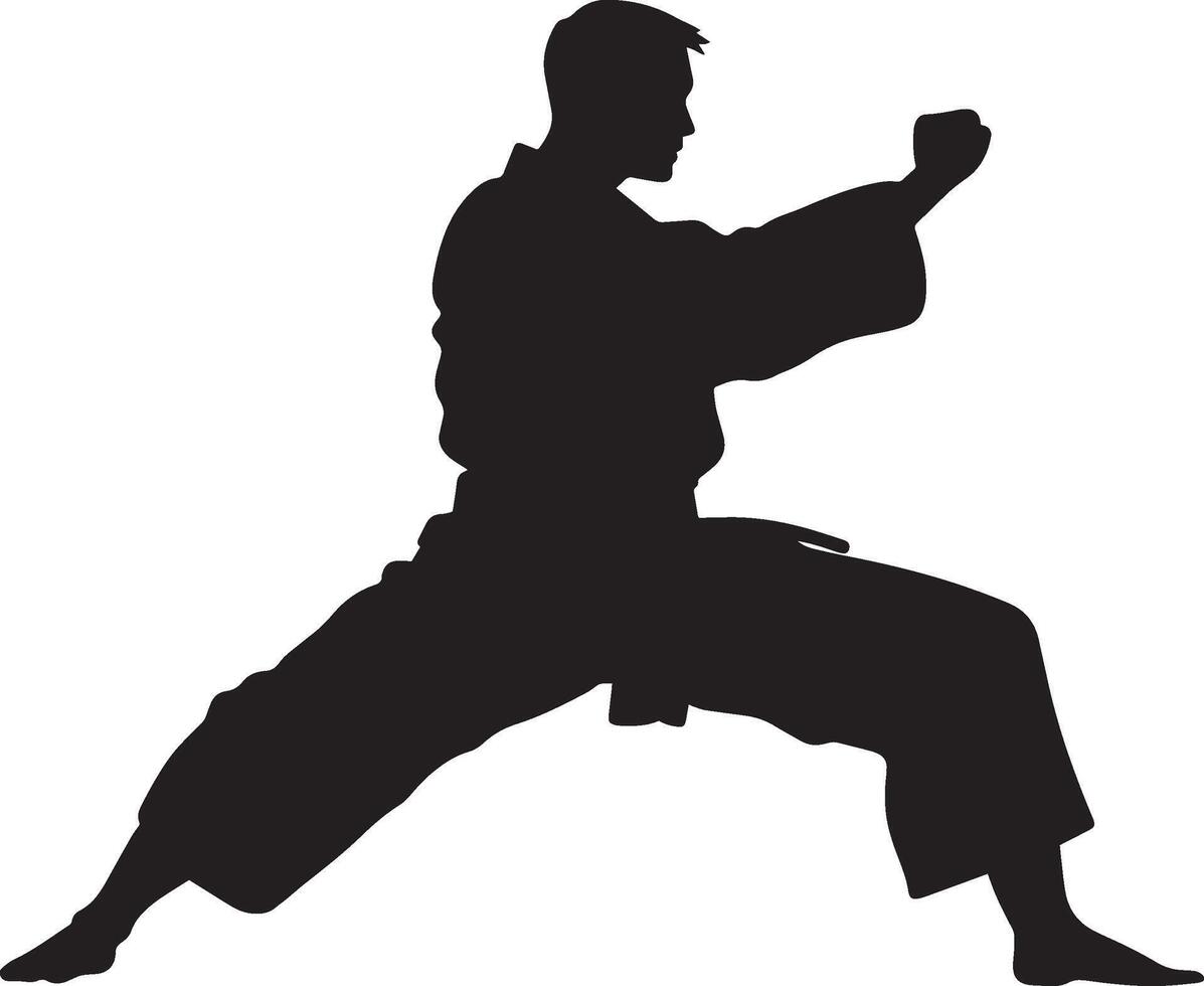 One knee on the ground, arms ready to strike or block. full length silhouette black illustration vector