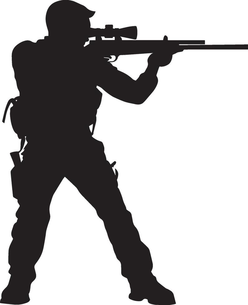 A hunter standing firmly, aiming a rifle directly ahead. Full-length silhouette black illustration. vector
