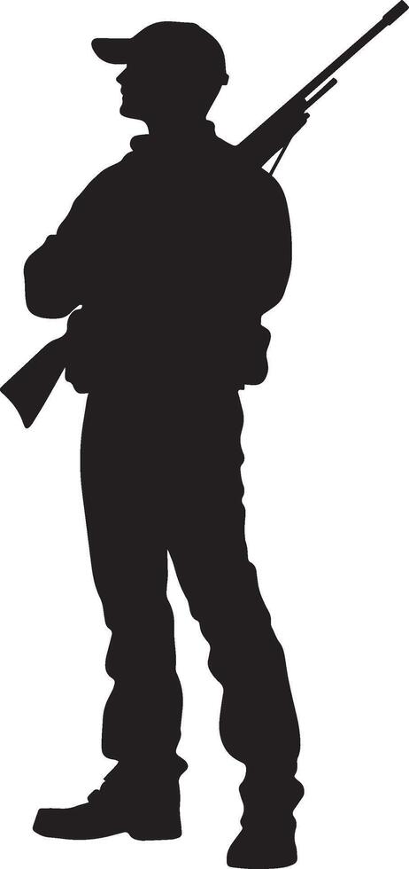 A person standing tall, holding a rifle across their chest in a relaxed position. Full-length silhouette black illustration. vector