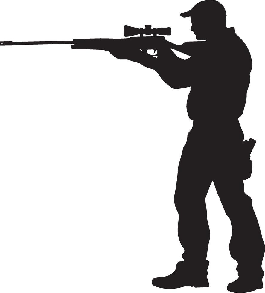 A hunter standing still, aiming a rifle straight ahead. full length silhouette black illustration vector