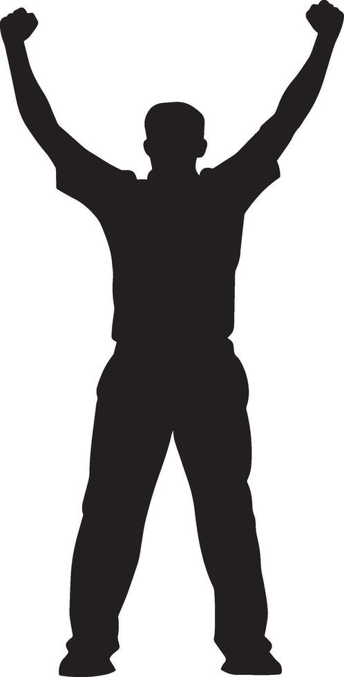 A silhouette of a bowler with arms lifted high, celebrating the success of taking a crucial wicket. Full-length silhouette black illustration. vector