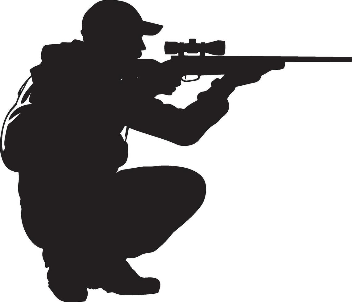 An individual in a kneeling position, aligning their rifle and focusing on the target ahead. Full-length silhouette black illustration. vector