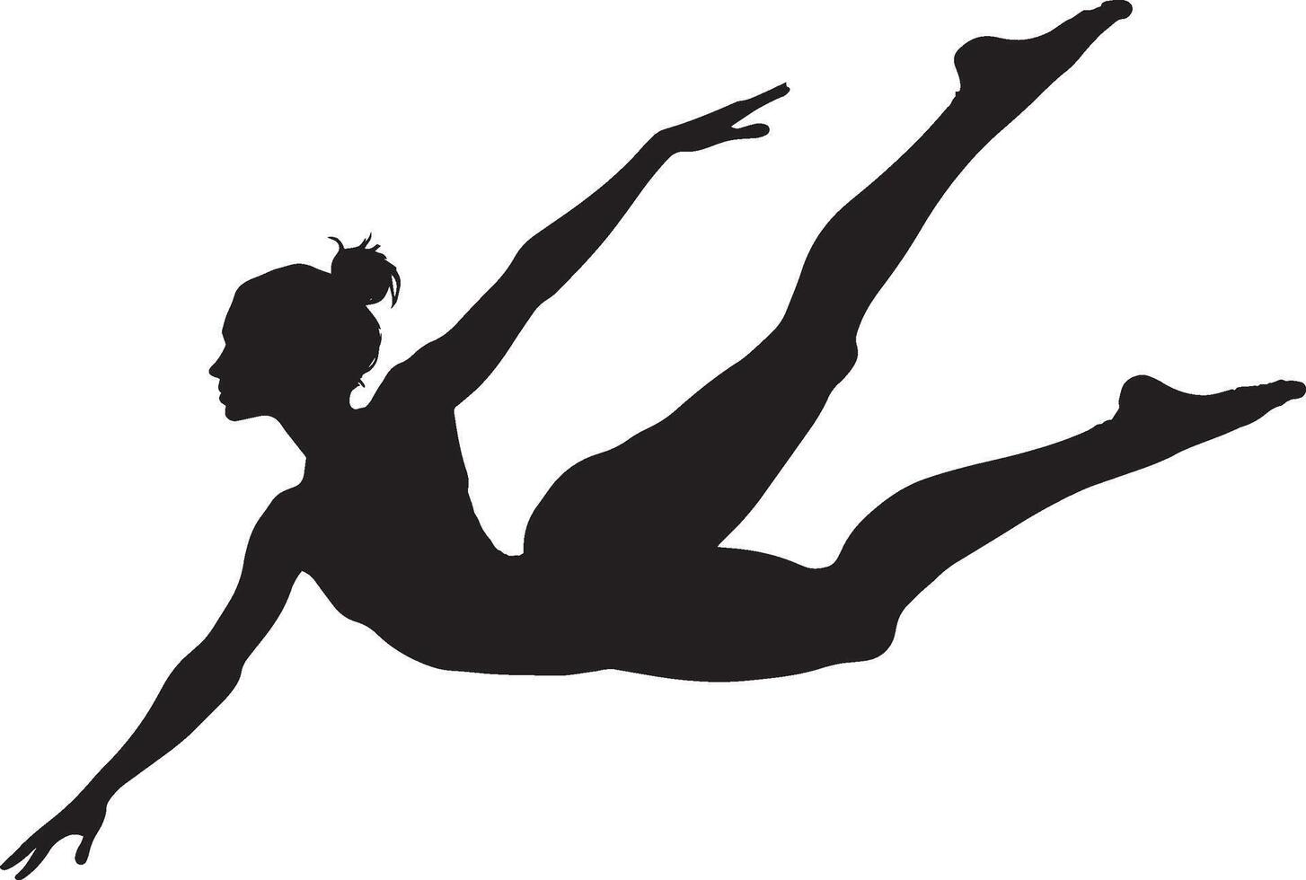 An individual executing a mid-air leap, with legs perfectly stretched in a split. Full-length silhouette black illustration. vector