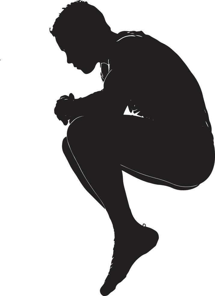 A gymnast jumping, knees pulled to chest, arms wrapped around legs. full length silhouette black illustration vector