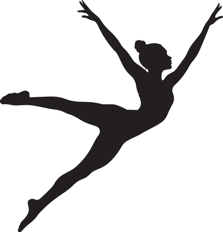 A silhouette of a gymnast in flight, legs apart in a perfect split, showcasing flexibility and grace. Full-length silhouette black illustration. vector