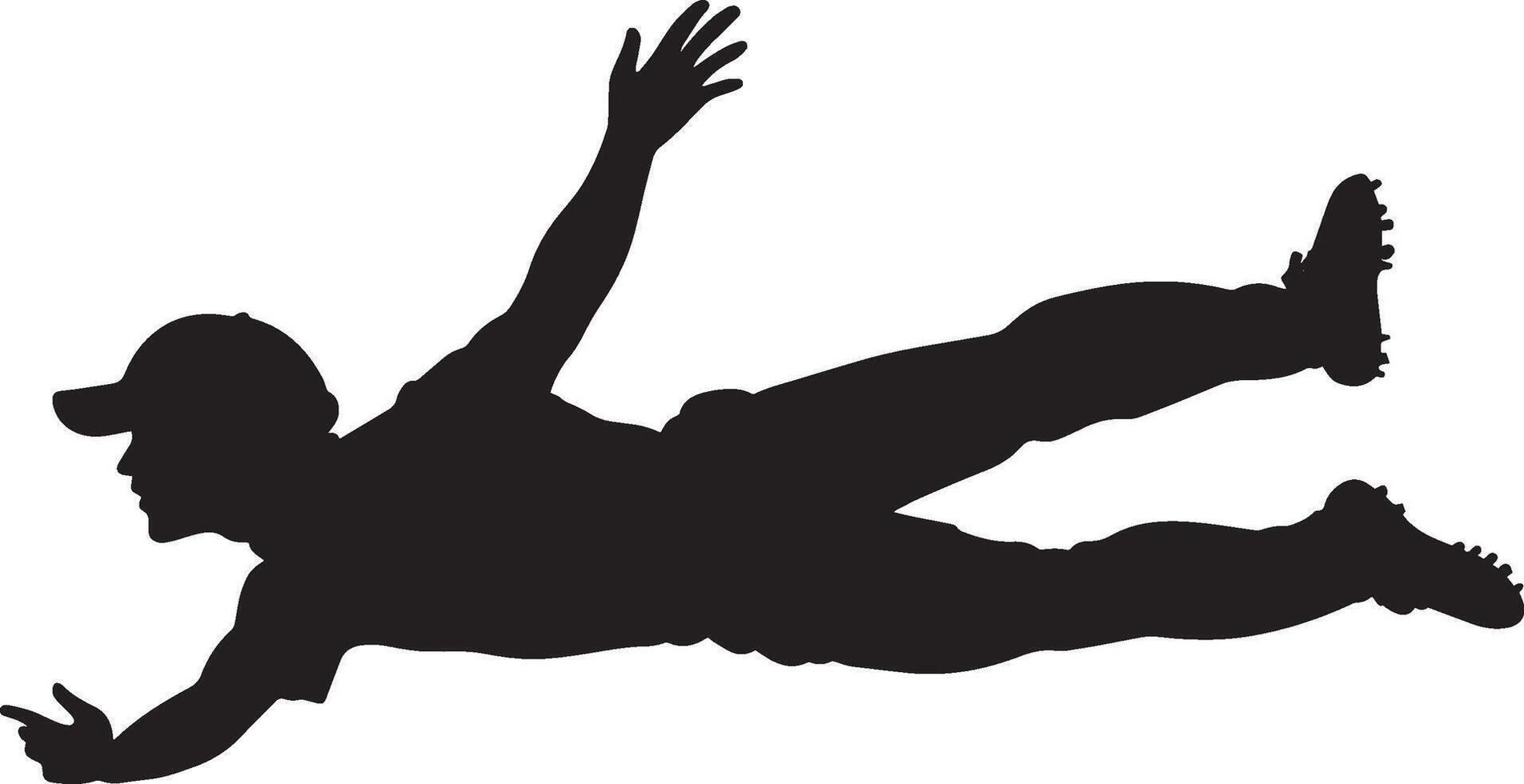 A fielder stretched out horizontally, arms reaching for the ball. full length silhouette black illustration vector