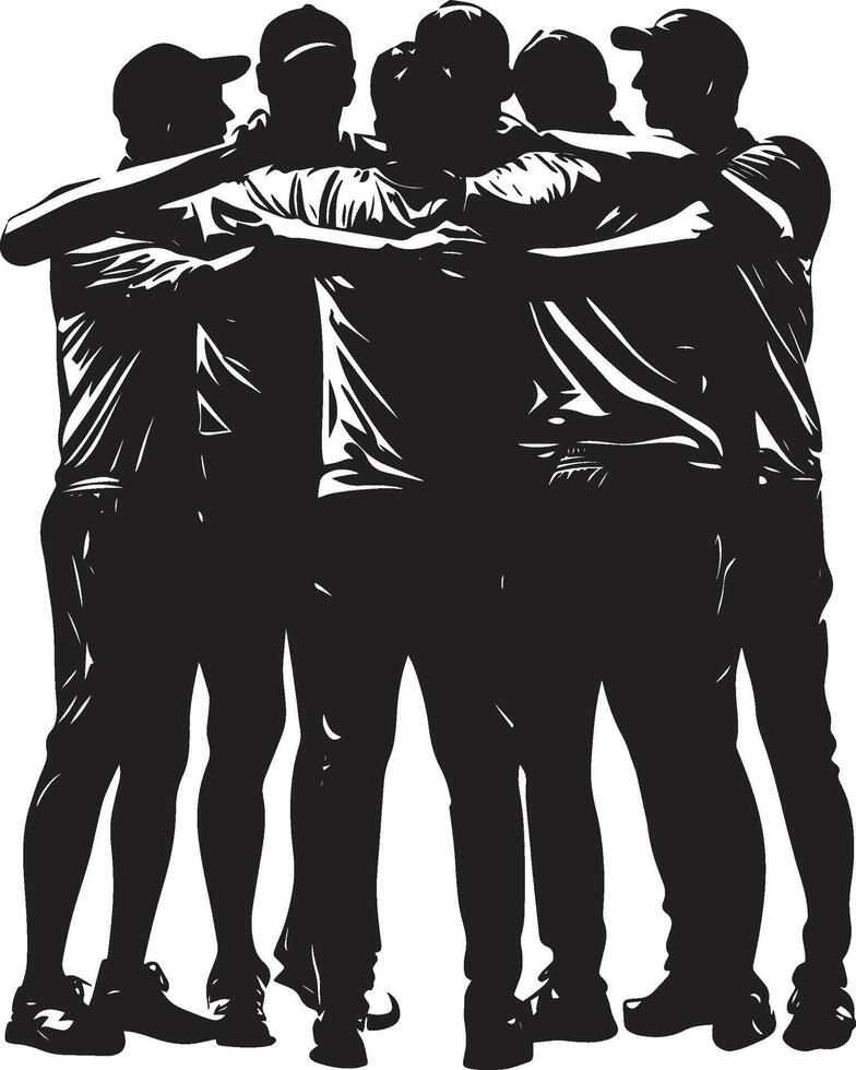 Team Huddle Cricket Sport Pose A group of cricket players huddled close, embracing each other in celebration of a shared achievement. Full-length silhouette black illustration. vector