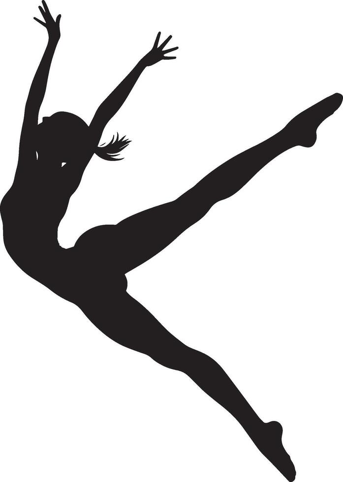 A gymnast soaring through the air, legs extended in a flawless split position. Full-length silhouette black illustration. vector