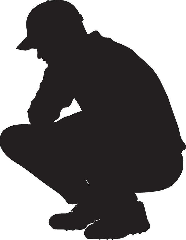 A player crouched low, hands open wide, with eyes focused intently on the ball. Full-length silhouette black illustration. vector