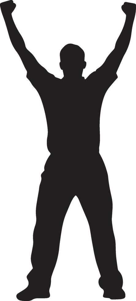 A figure of a bowler in mid-celebration, arms elevated high in a moment of victory after a successful delivery. Full-length silhouette black illustration. vector
