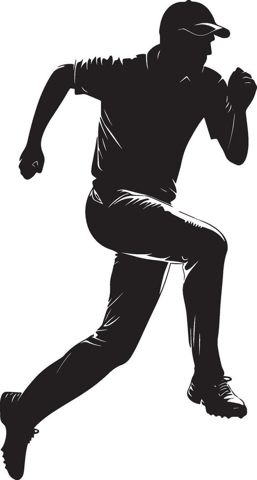 A silhouette of a bowler mid-run, arms pumping in preparation for delivery. vector
