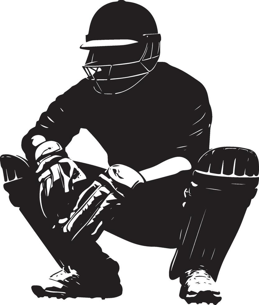 A silhouette of a wicketkeeper in a defensive position, crouched and prepared to catch the ball. Full-length silhouette black illustration. vector