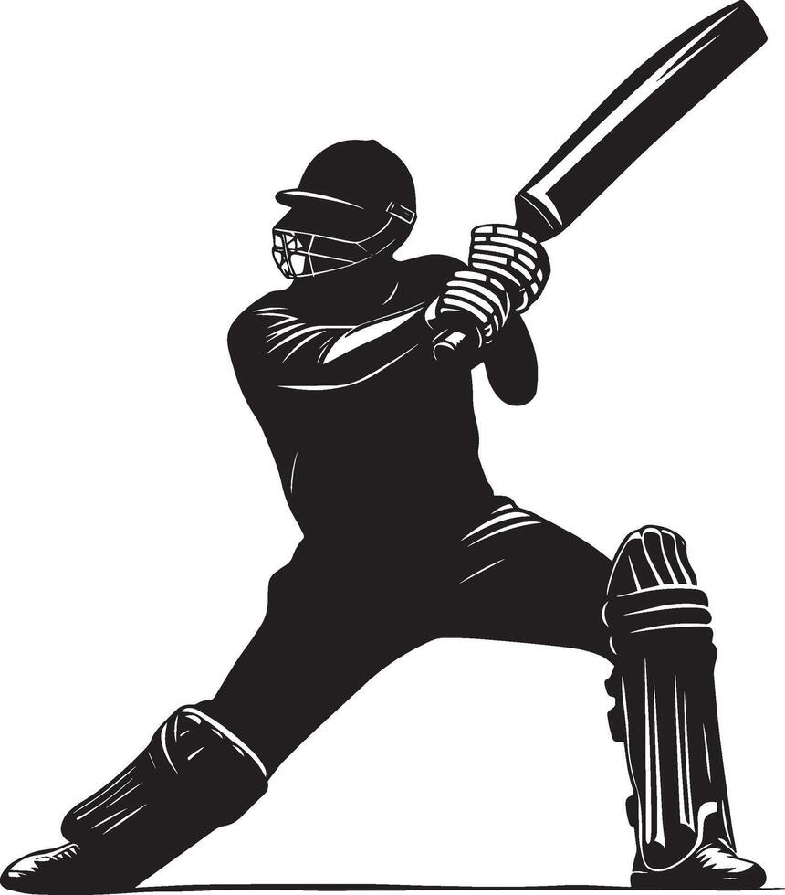 Big Six Cricket sport pose A batter finishing a massive shot, bat fully extended. full length silhouette black illustration vector