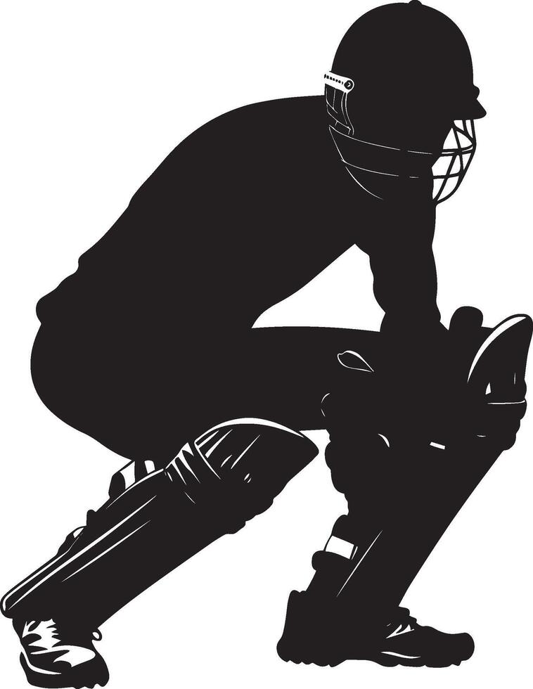 A wicketkeeper crouched low behind the stumps, gloves poised and ready for action. Full-length silhouette black illustration. vector
