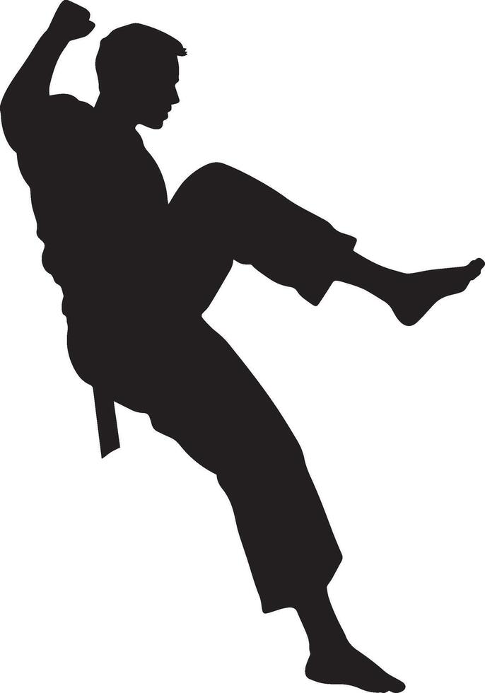 A martial artist executing a powerful kick with the foot extended sideways, arms positioned for guarding. Full-length silhouette black illustration. vector
