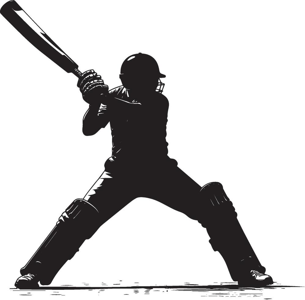 Powerful Cricket Shot Pose Batter in full swing, bat fully extended, black silhouette . vector