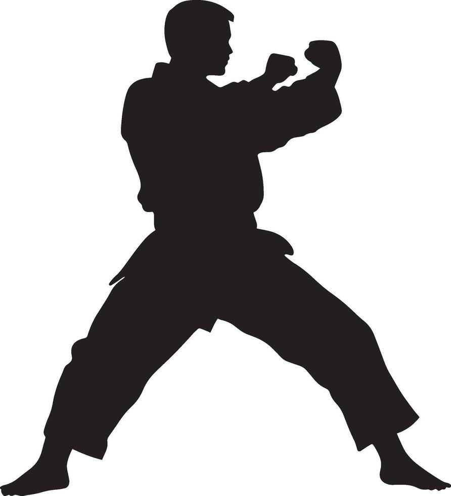 A silhouette of a martial artist performing a quick backfist strike, arm outstretched and ready to connect. Full-length silhouette black illustration. vector