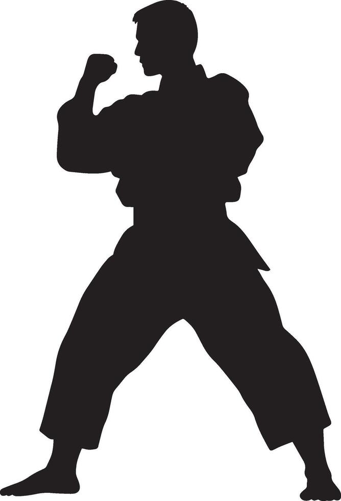 An individual in a defensive posture, fists up and knees flexed, prepared for action. Full-length silhouette black illustration. vector