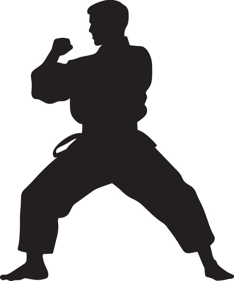 A martial artist standing ready with fists raised and knees slightly bent. Full-length silhouette black illustration. vector