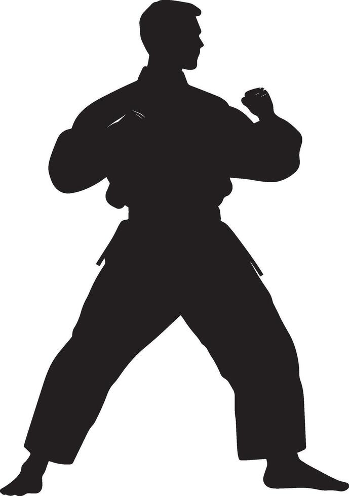 A silhouette of a martial artist adopting a strong horse stance, with legs apart and fists resting at the waist. Full-length silhouette black illustration. vector