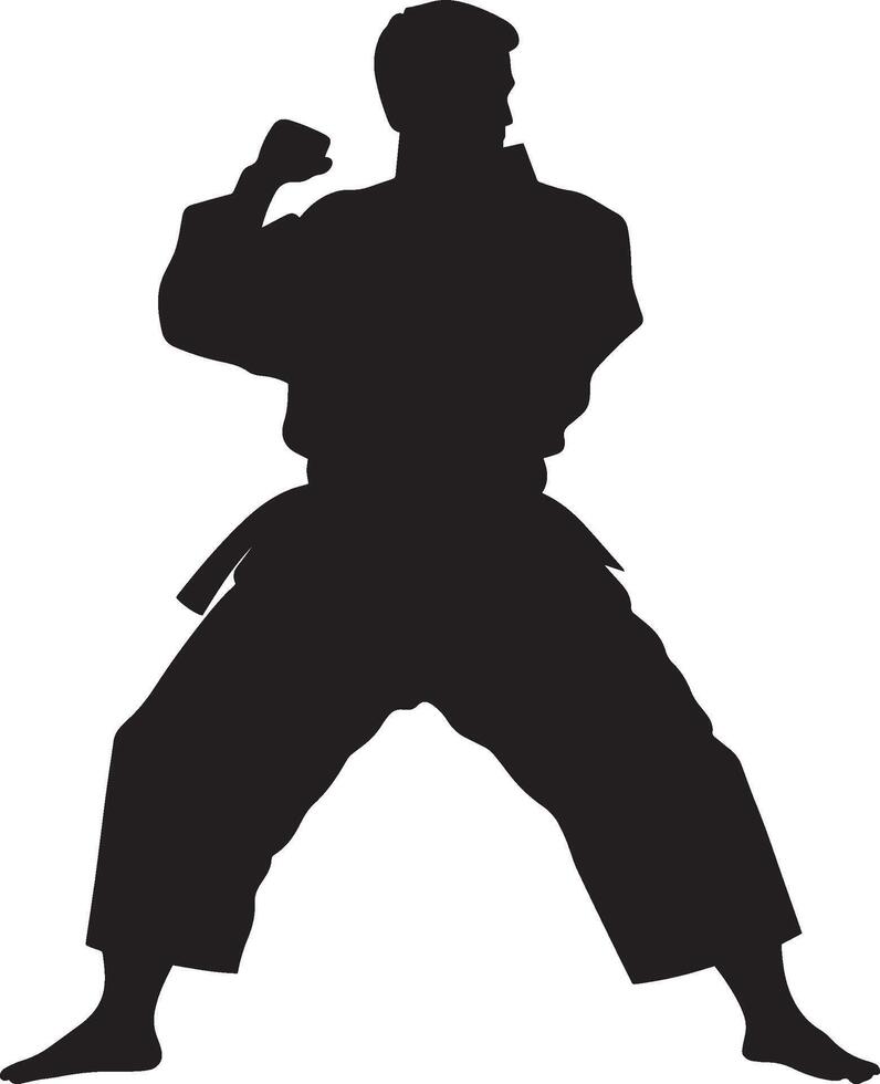 Horse Stance Karate An individual positioned in a low, stable stance, legs spread wide and fists at their sides. Full-length silhouette black illustration. vector