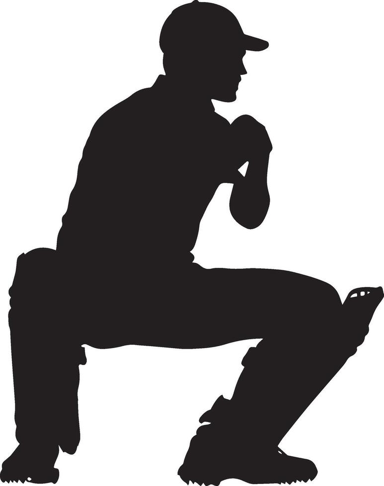 A player crouched low, hands open, eyes locked on the ball. full length silhouette black illustration vector
