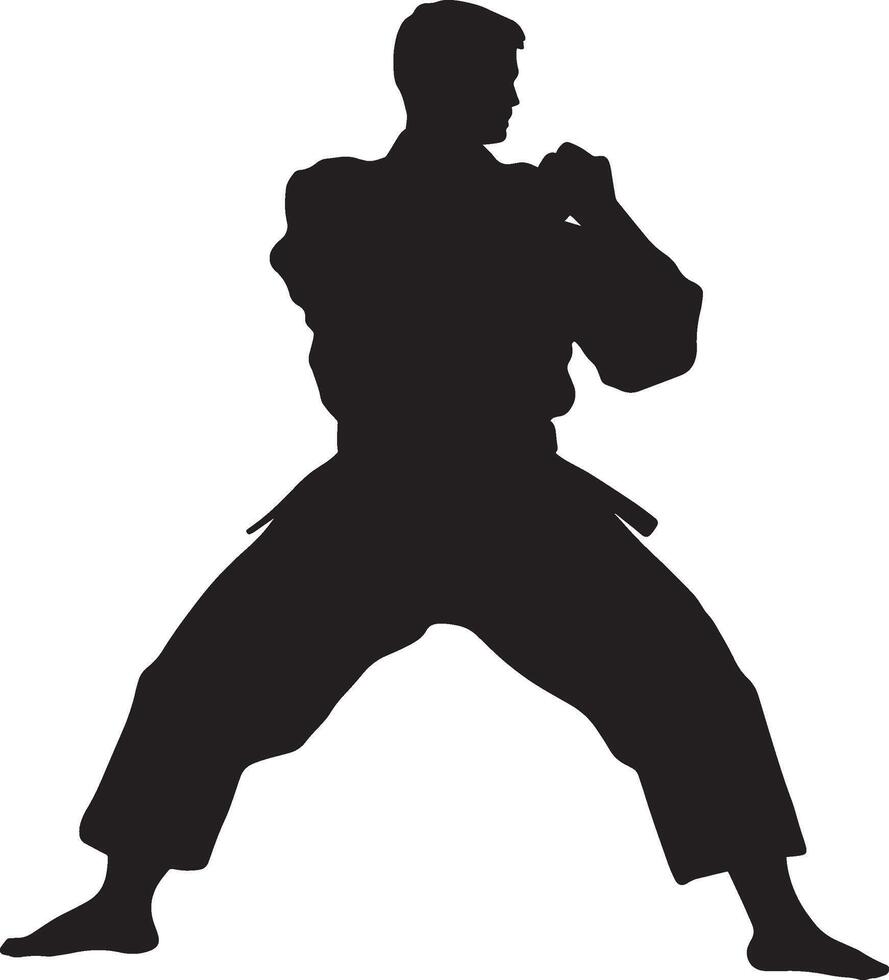 A wide-legged, low stance with fists at the waist. full length silhouette black illustration vector