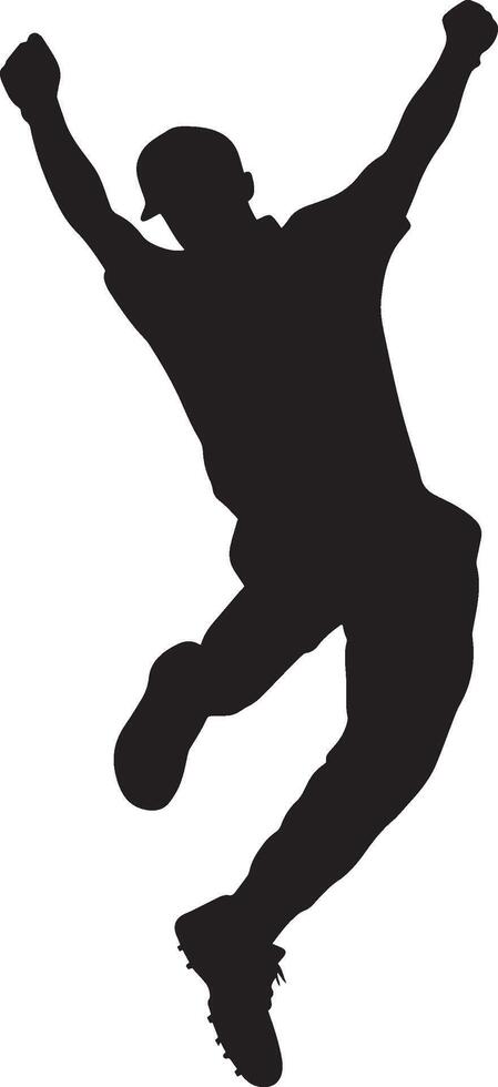 A bowler captured mid-air, body arched with arm raised high in preparation for the ball's release. Full-length silhouette black illustration. vector