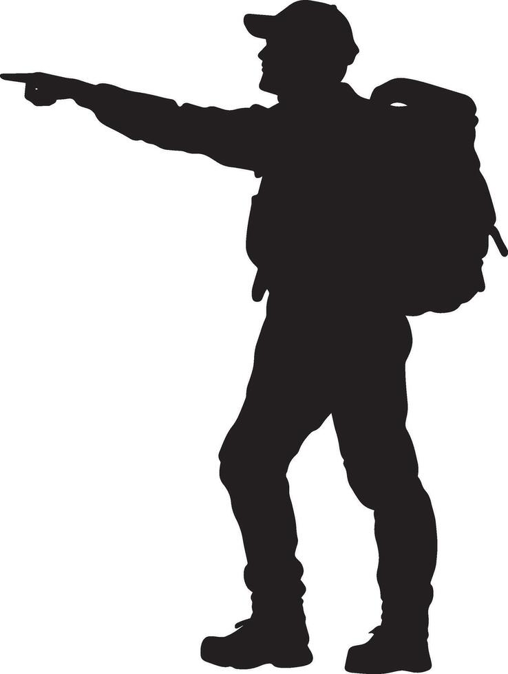 Guiding Hiker Person pointing ahead, signaling direction, full-length silhouette . vector