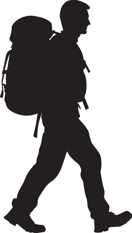 Backpacking Hiker Person walking with a large backpack, slightly leaning forward, black silhouette . vector