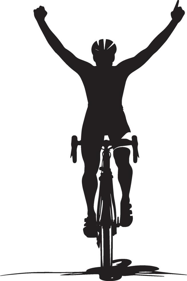 Cyclist Celebration Rider crossing the finish line, arms lifted in victory, silhouette. vector