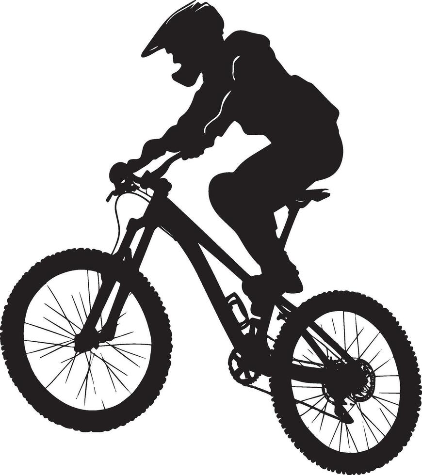 Jumping Cyclist A rider mid-air, bike tilted at an angle, preparing to land. full length silhouette black illustration vector