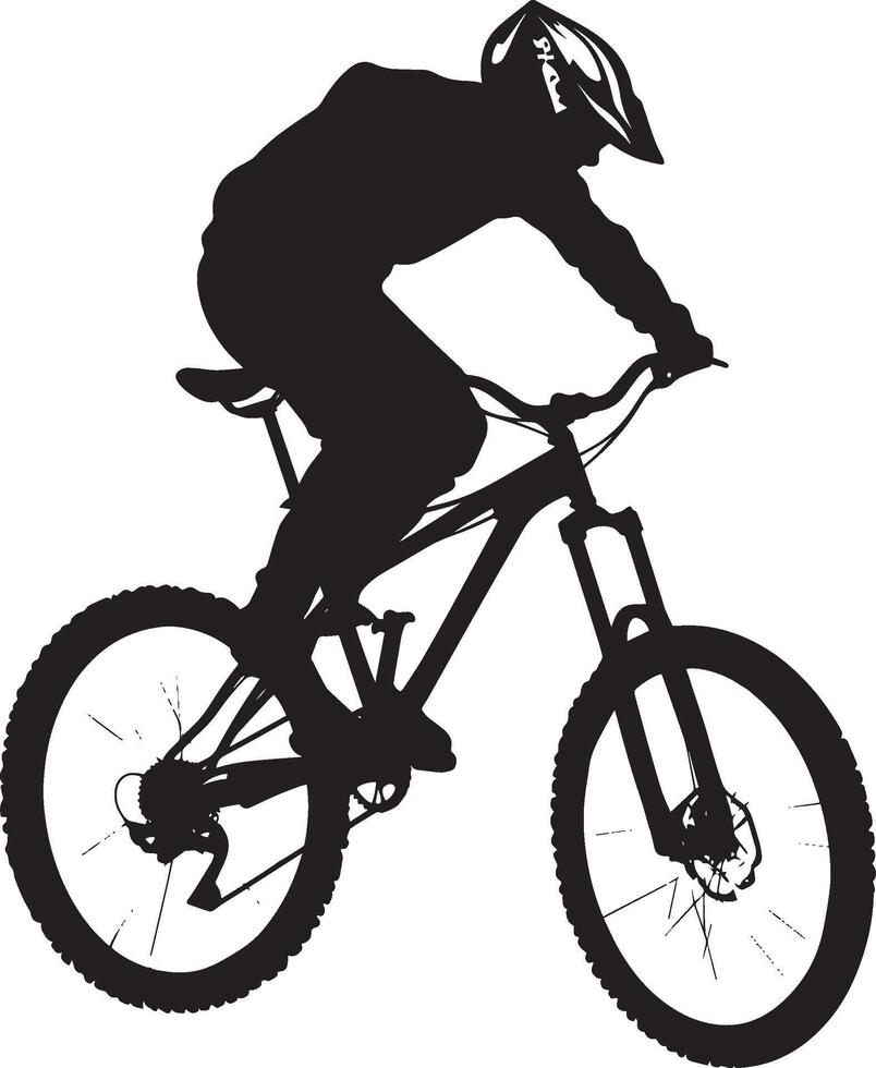 Mid-Air Stunt Biker tilted in flight, dynamic black illustration. vector