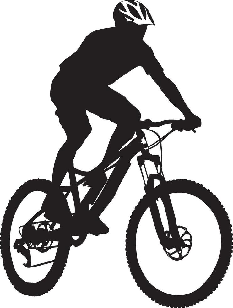 Biker with One Foot Off Pedal A mountain biker balancing, preparing to stop or maneuver. full length silhouette black illustration vector